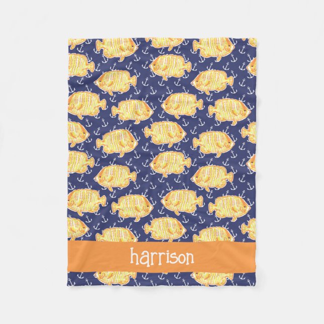 Colourful Tropical Fish Pattern Personalised Fleece Blanket (Front)