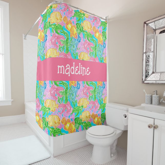 Colourful Tropical Fish Pattern Personalised Shower Curtain (In Situ)
