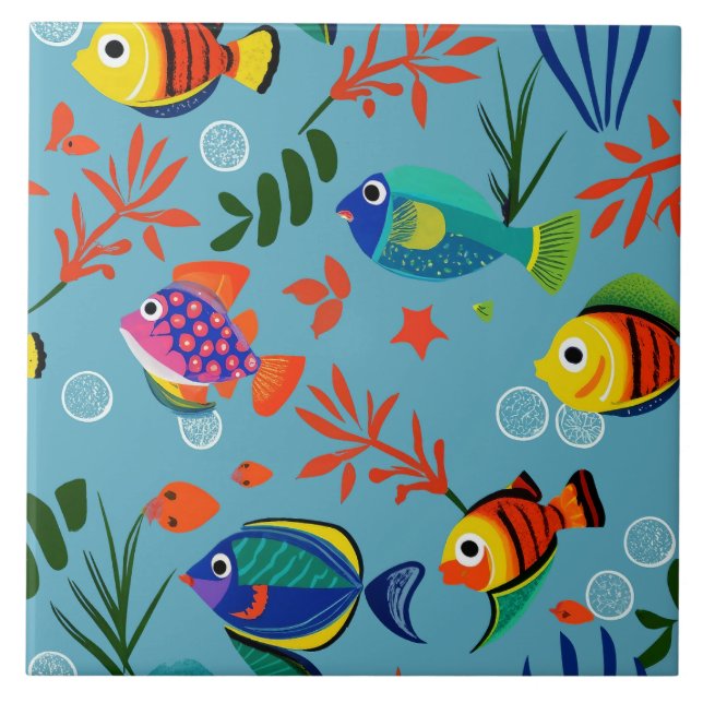 Colourful Tropical Fish Underwater Pattern Tile (Front)