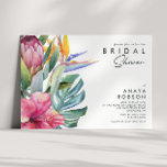 Colourful Tropical Floral Bridal Shower Invitation<br><div class="desc">This colourful tropical floral bridal shower invitation is perfect for your modern boho destination green, purple, peach bridal shower. Design features an elegant bouquet of classic beach watercolor greenery and flowers, including sage green eucalyptus, mauve and red protea, blush pink hibiscus, orange and blue bird of paradise, and dark green...</div>