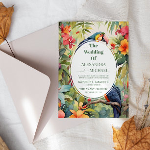 Colourful Tropical Floral Casual Green Wedding Invitation