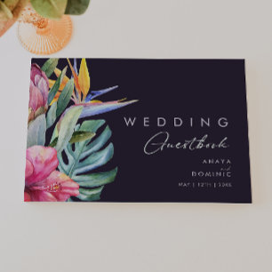 Colourful Tropical Floral   Dark Purple Wedding Guest Book