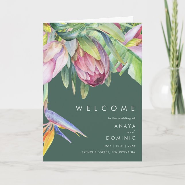 Colourful Tropical Floral | Green Folded Wedding Programme (Front)
