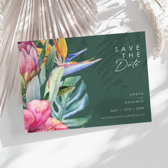 Colourful Tropical Floral | Green Horizontal Save The Date (Creator Uploaded)