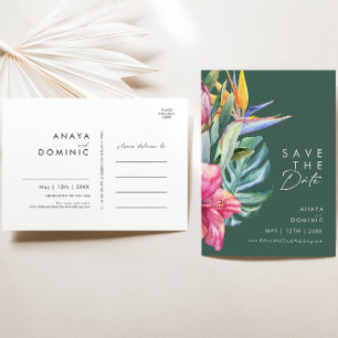 Colourful Tropical Floral Green Save The Date Invitation Postcard