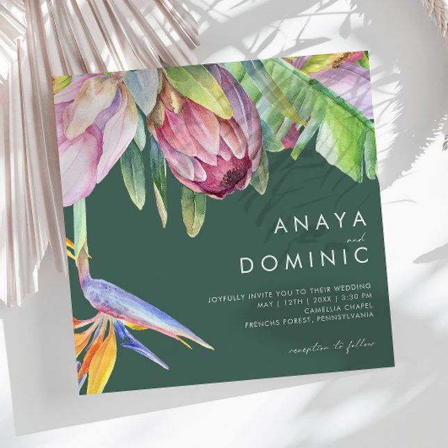 Colourful Tropical Floral | Green Square Wedding Invitation (Creator Uploaded)