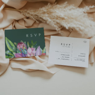 Colourful Tropical Floral Green Wedding RSVP Postcard