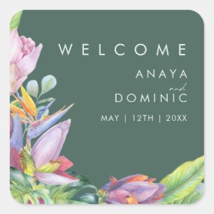 Colourful Tropical Floral   Green Wedding Welcome Square Sticker