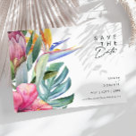 Colourful Tropical Floral | Horizontal Save The Date<br><div class="desc">This colourful tropical floral | horizontal save the date is perfect for your modern boho destination, green, purple, peach wedding. Design features an elegant bouquet of classic beach watercolor greenery and flowers that may include sage green eucalyptus, mauve and red protea, blush pink hibiscus, orange and blue bird of paradise,...</div>