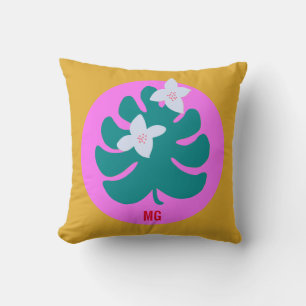 Colourful tropical floral modern monogram pink cushion