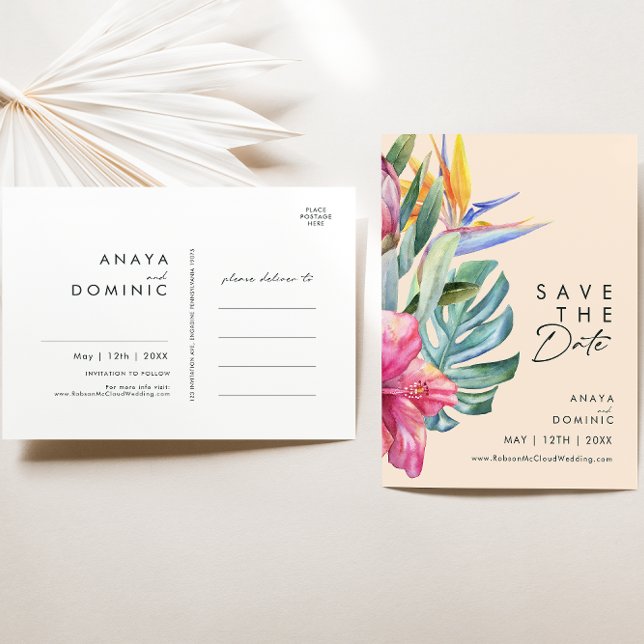 Colourful Tropical Floral | Peach Save The Date Invitation Postcard (Creator Uploaded)