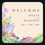 Colourful Tropical Floral | Peach Wedding Welcome Square Sticker<br><div class="desc">This colourful tropical floral | peach wedding welcome sticker is perfect for your modern boho destination, green, purple, peach wedding. Design features an elegant bouquet of classic beach watercolor greenery and flowers that may include sage green eucalyptus, mauve and red protea, blush pink hibiscus, orange and blue bird of paradise,...</div>