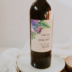 Colourful Tropical Floral   Peach Wedding Wine Label