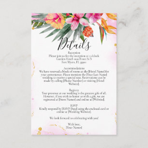 Colourful Tropical Floral Pink Wedding Details Enclosure Card