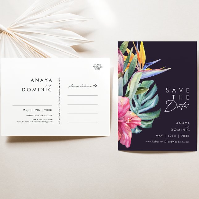 Colourful Tropical Floral | Purple Save The Date Invitation Postcard (Creator Uploaded)