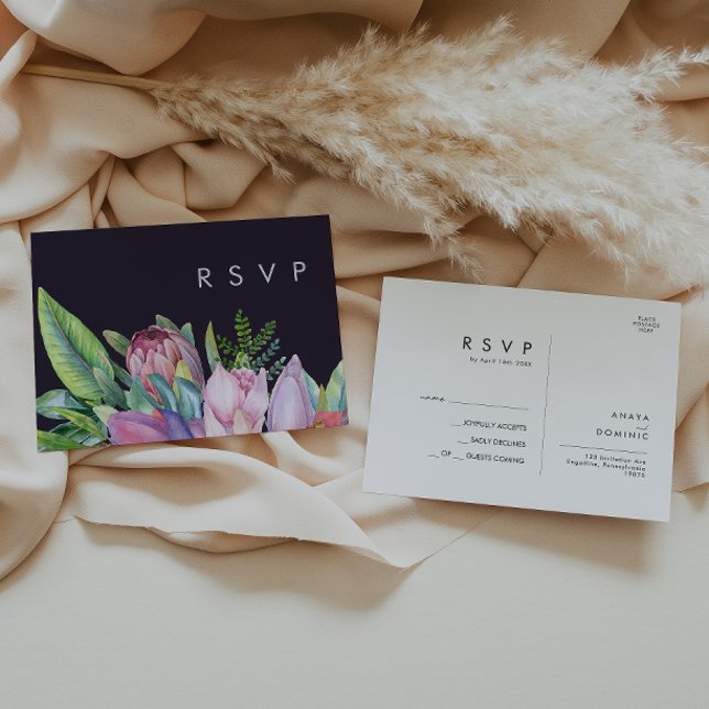 Colourful Tropical Floral | Purple Wedding RSVP Postcard (Creator Uploaded)