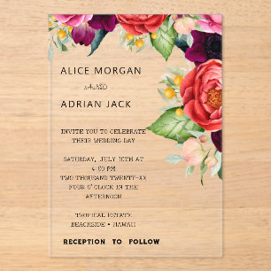 Colourful Tropical Floral Wedding  Acrylic Invitations