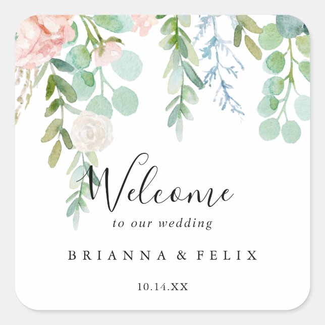 Colourful Tropical Floral Wedding Welcome Square Sticker (Front)