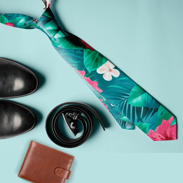 Colourful tropical flower and leaves Summer  Tie (Creator Uploaded)