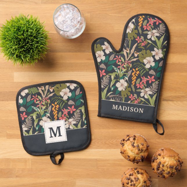 Colourful Tropical Flower Pattern Oven Mitt & Pot Holder Set (Top Down)