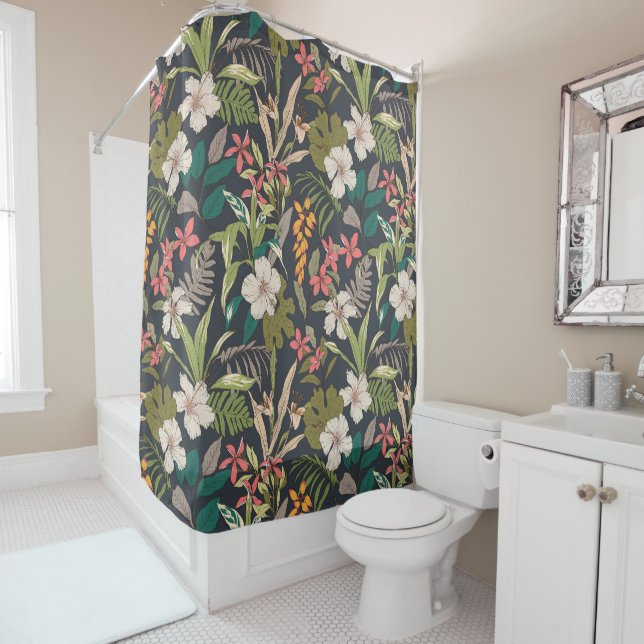 Colourful Tropical Flower Pattern Shower Curtain (In Situ)