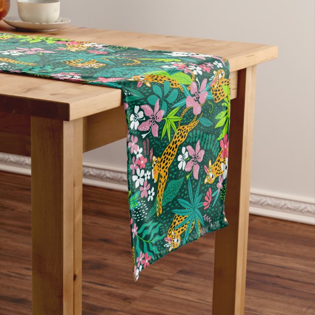 Colourful tropical flowers and animals pattern short table runner (In Situ)