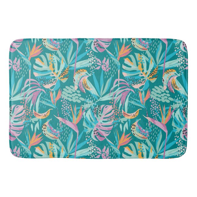 Colourful tropical flowers and leaves pattern bath mat (Front)