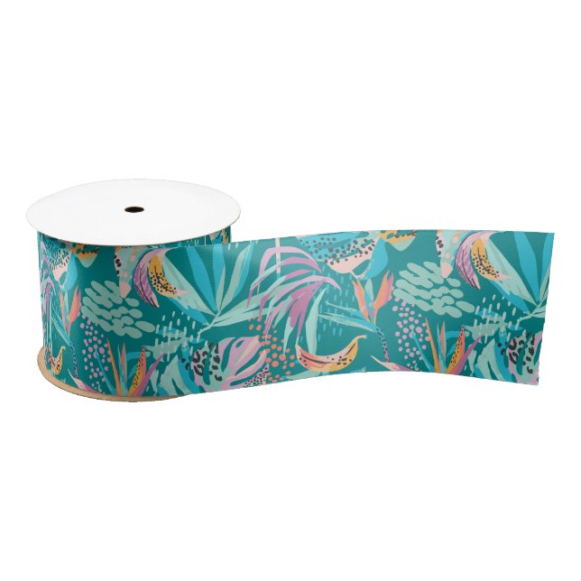 Colourful tropical flowers and leaves pattern satin ribbon (Spool)