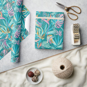 Colourful tropical flowers and leaves pattern wrapping paper