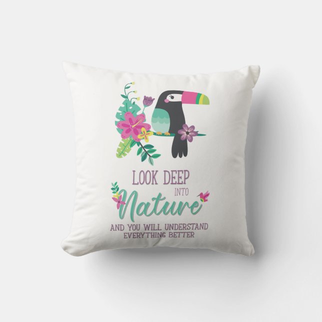 colourful tropical flowers and toucan inspirationa cushion (Front)