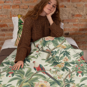 Colourful Tropical Flowers Birds Fleece Blanket