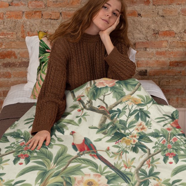 Colourful Tropical Flowers Birds Fleece Blanket (Creator Uploaded)