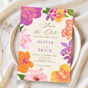 Colourful tropical flowers bloom wedding save the date
