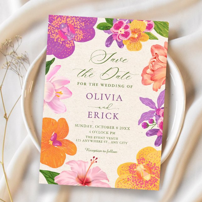 Colourful tropical flowers bloom wedding save the date (Creator Uploaded)
