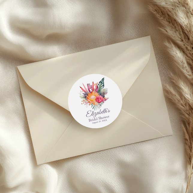 Colourful Tropical Flowers Bridal Shower Classic Round Sticker (Colorful Tropical Flowers Bridal Shower Classic Round Sticker on an elegant envelope.)