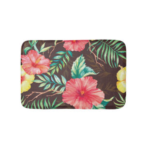 Colourful Tropical Flowers Dark Background Bath Mat