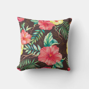Colourful Tropical Flowers Dark Background Cushion