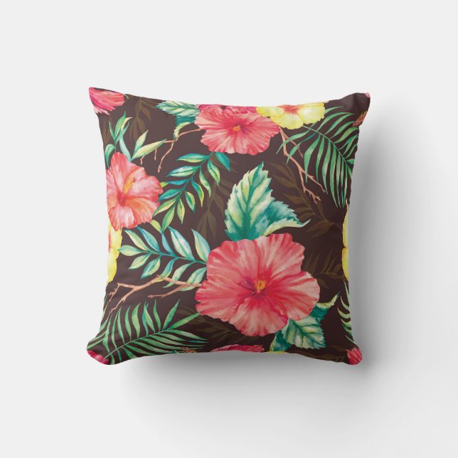 Colourful Tropical Flowers Dark Background Cushion (Front)