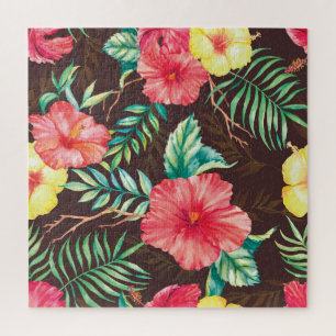 Colourful Tropical Flowers Dark Background Jigsaw Puzzle