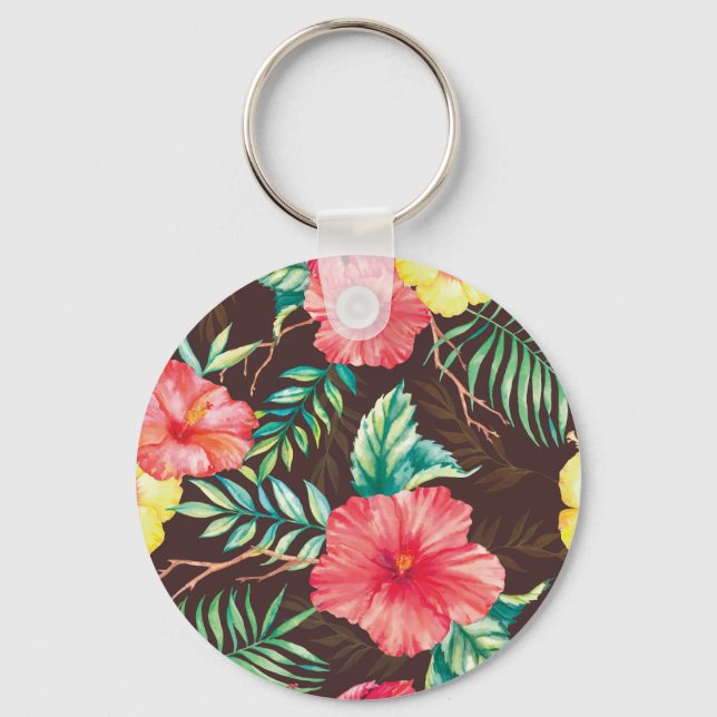 Colourful Tropical Flowers Dark Background Key Ring (Front)