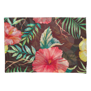 Colourful Tropical Flowers Dark Background Pillowcase