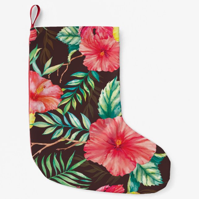 Colourful Tropical Flowers Dark Background Small Christmas Stocking (Front)