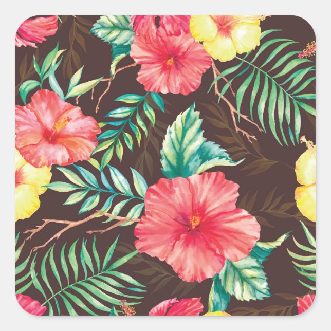 Colourful Tropical Flowers Dark Background Square Sticker (Front)