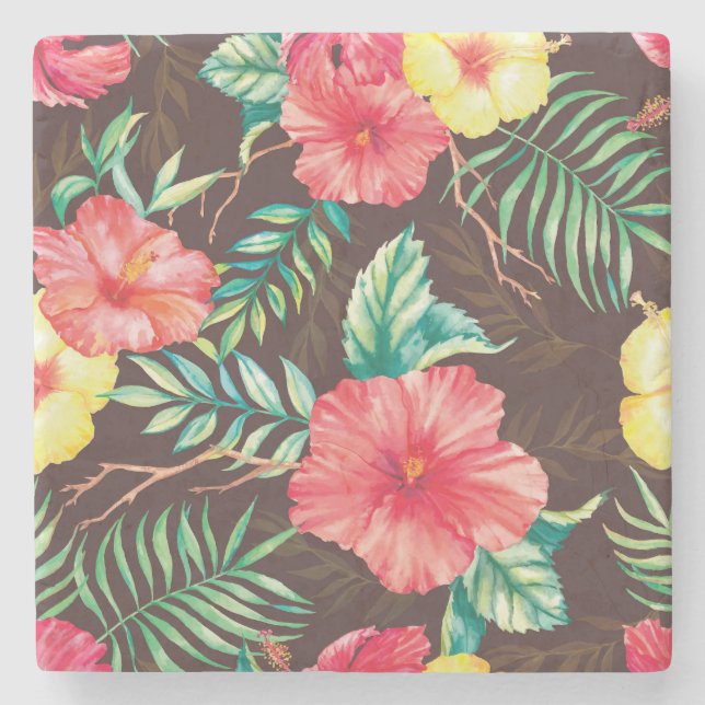 Colourful Tropical Flowers Dark Background Stone Coaster (Front)