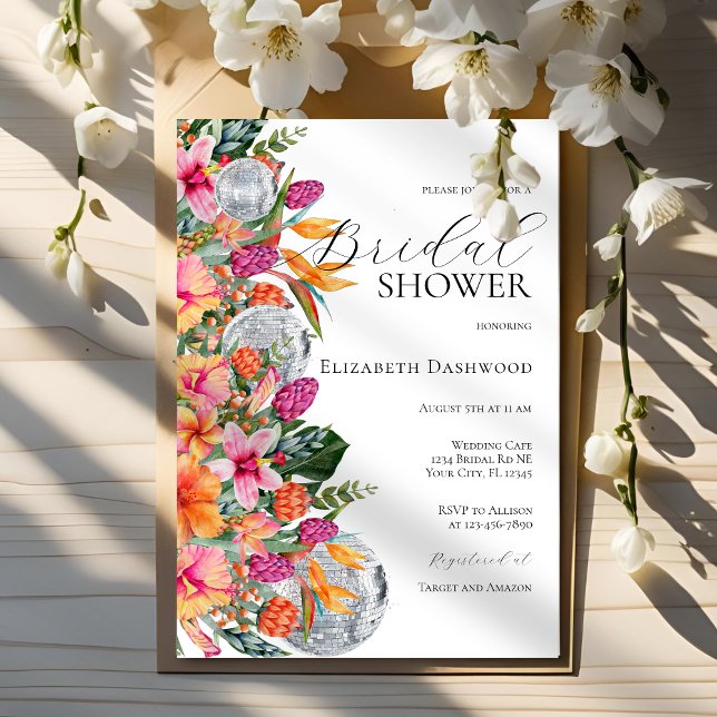 Colourful Tropical Flowers Disco Ball Bridal Showe Invitation (Creator Uploaded)