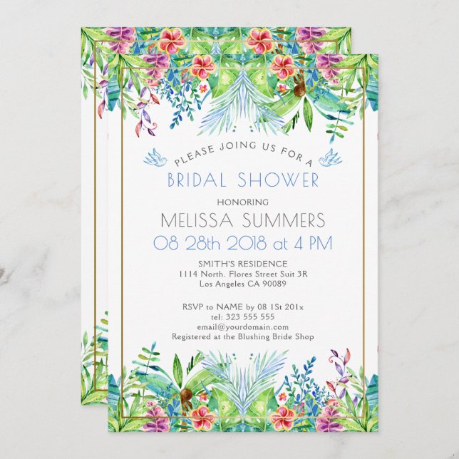Colourful Tropical Flowers Gold Accent Invitation (Front/Back)