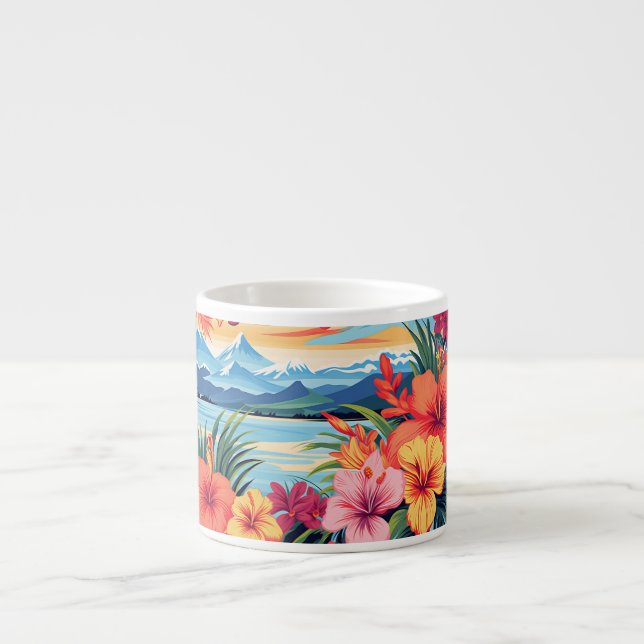 Colourful Tropical Flowers & Landscape Espresso Cup (Front)