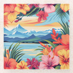 Colourful Tropical Flowers & Landscape Glass Coaster
