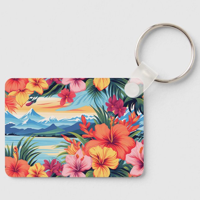 Colourful Tropical Flowers & Landscape Key Ring (Front)