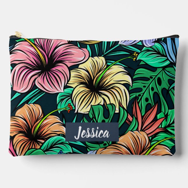 Colourful Tropical Flowers Modern Personalised Accessory Pouch (Front)